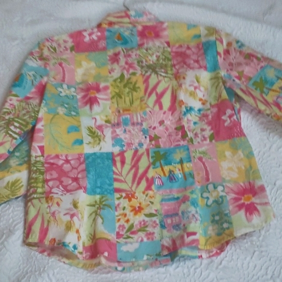 Palm Lilly Patchwork Resort Flamingo Boat Print Button 3/4 Sleeve Blouse, Size 6 - Picture 4 of 16